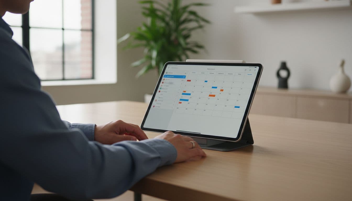 A person uses an iPad Pro in a modern office, featuring split screen with project list on one side and calendar on the other, hands resting naturally, natural daylight lighting, realistic style.