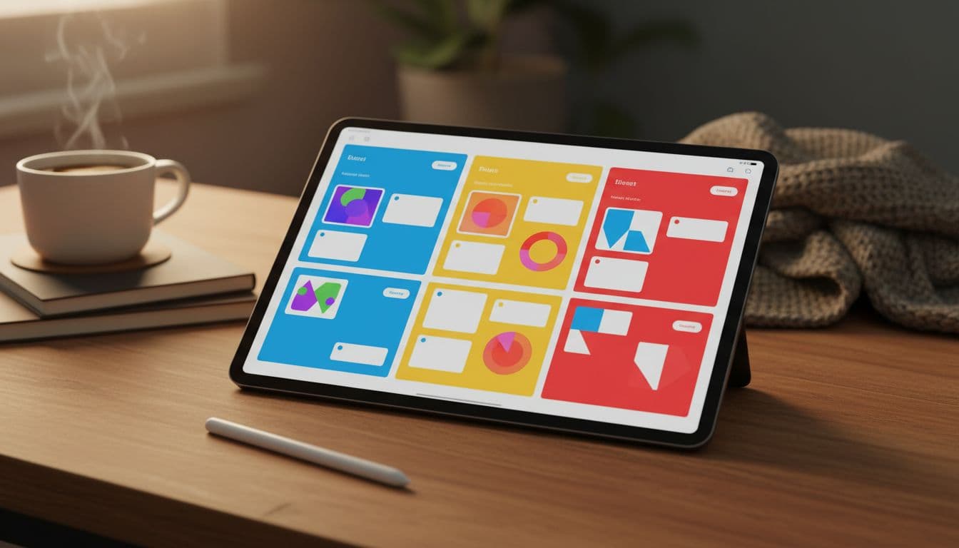 Close-up of iPad on desk displaying colorful project boards with tasks, Apple Pencil nearby, coffee mug in background, cozy workspace setting, soft warm lighting, photorealistic, exactly zero people, no text on screen, no logos or watermarks.