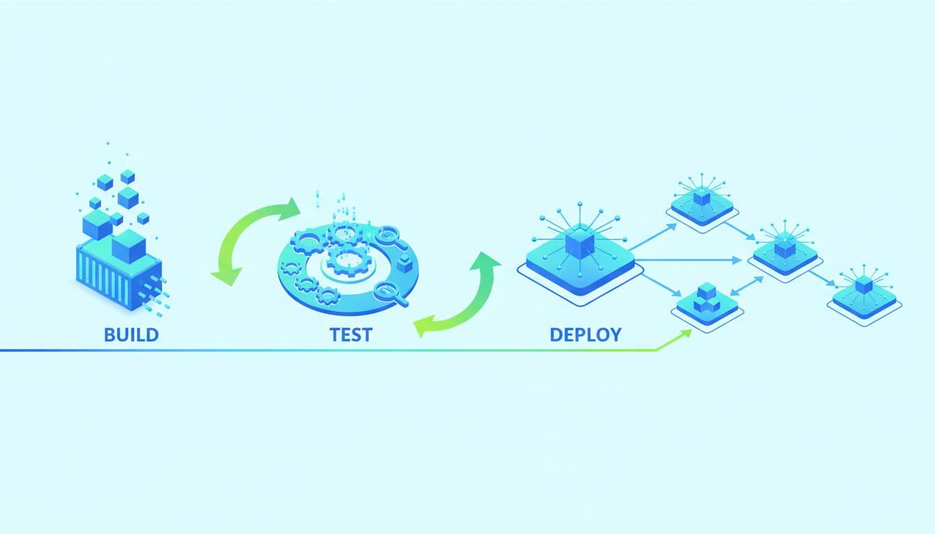 Visual flow of Kubernetes CI/CD pipelines with containers deploying across clusters, arrows connecting build, test, and deploy stages in an abstract isometric illustration using blue and green tones.