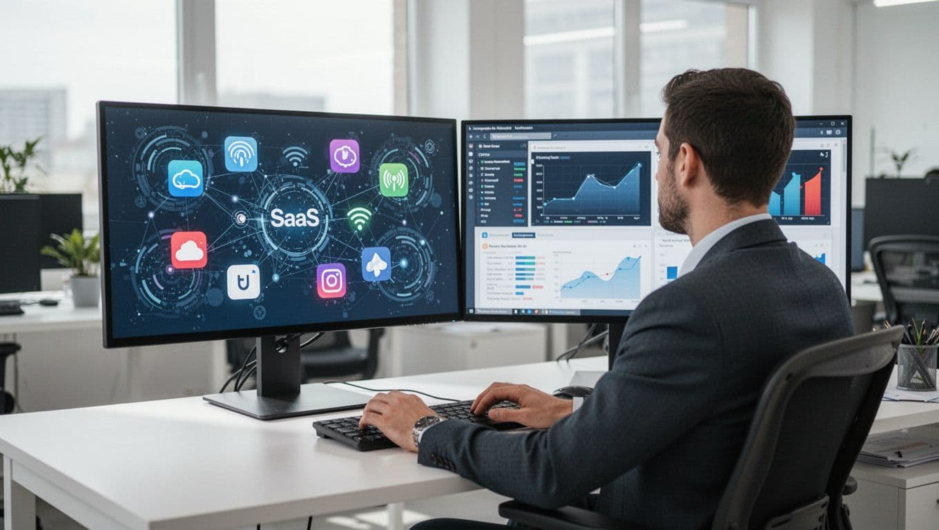 IT administrator in a bright modern office sits at desk facing dual monitors showing abstract visualizations of SaaS app icons, network signals, and finance charts to discover shadow IT apps; one person with relaxed hands on keyboard, professional attire, natural daylight, clean wide-angle focused on screens and person.