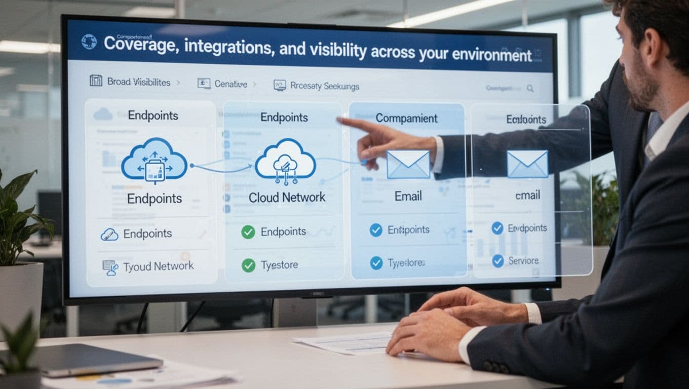 Comparison chart visualization on a digital dashboard featuring icons for endpoints, cloud, network, and email, with an analyst pointing at the screen in a professional office setting under soft lighting.