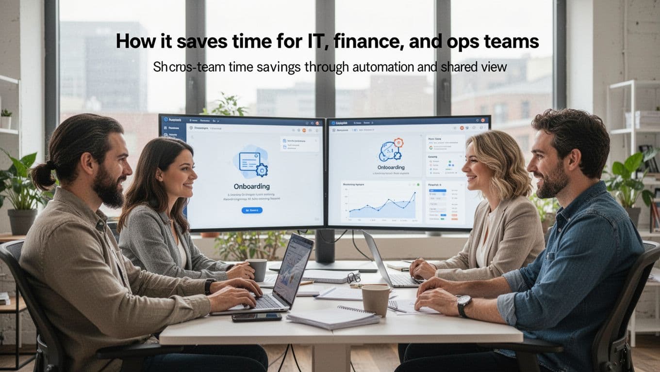 IT, finance, and ops team members collaborate efficiently on a shared SaaS platform interface on dual monitors, featuring automation icons for onboarding and reports in a bright, relaxed modern workspace.