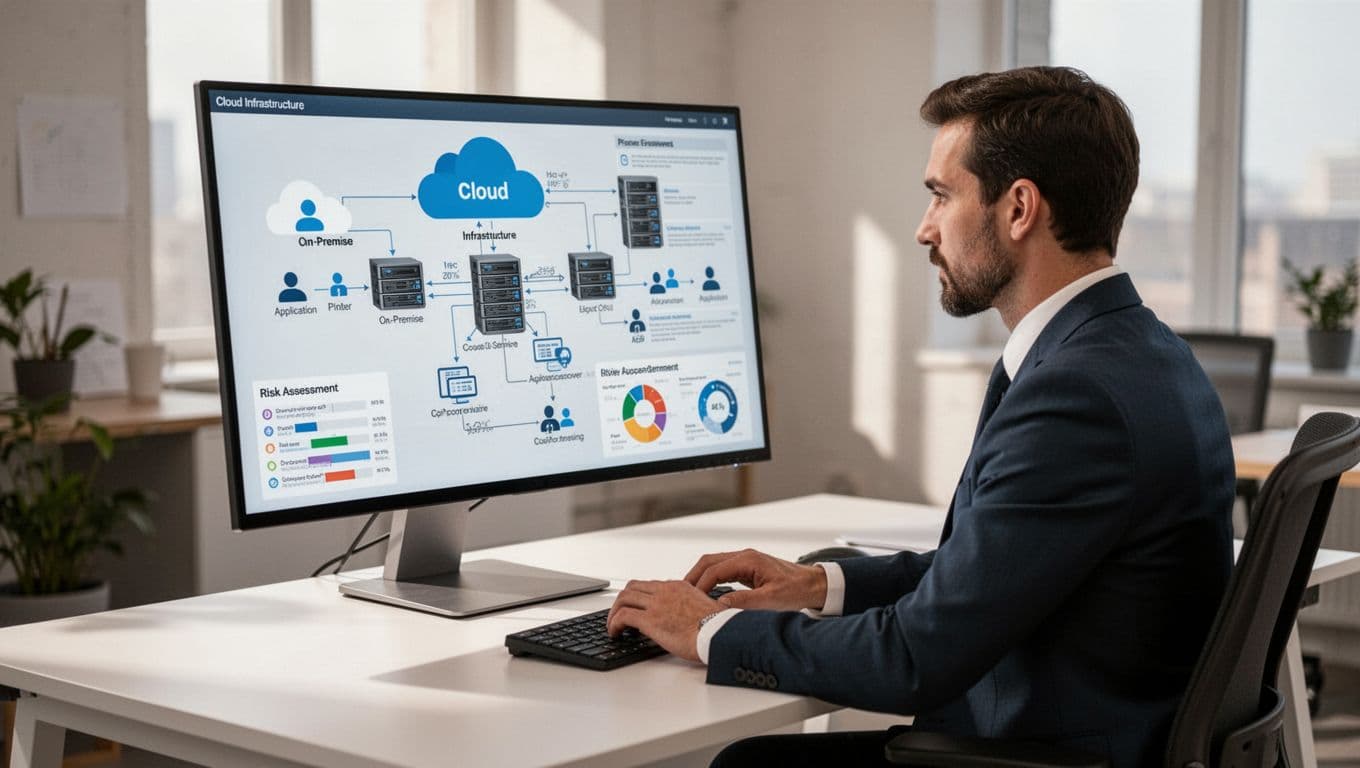 IT manager in contemporary office reviews infrastructure diagram on large screen displaying cloud services, on-prem servers, user icons, app connections, and risk assessment charts. Realistic photograph with soft office lighting, one person seated at desk with keyboard.