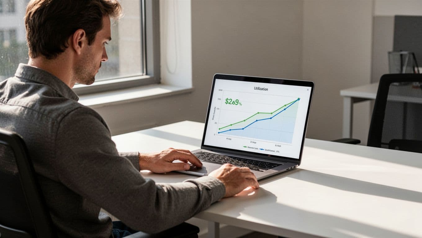 IT professional seated at a modern office desk, relaxed with hands on desk, reviewing laptop screen charts showing declining software costs and improving license utilization rates over time, natural daylight from window.
