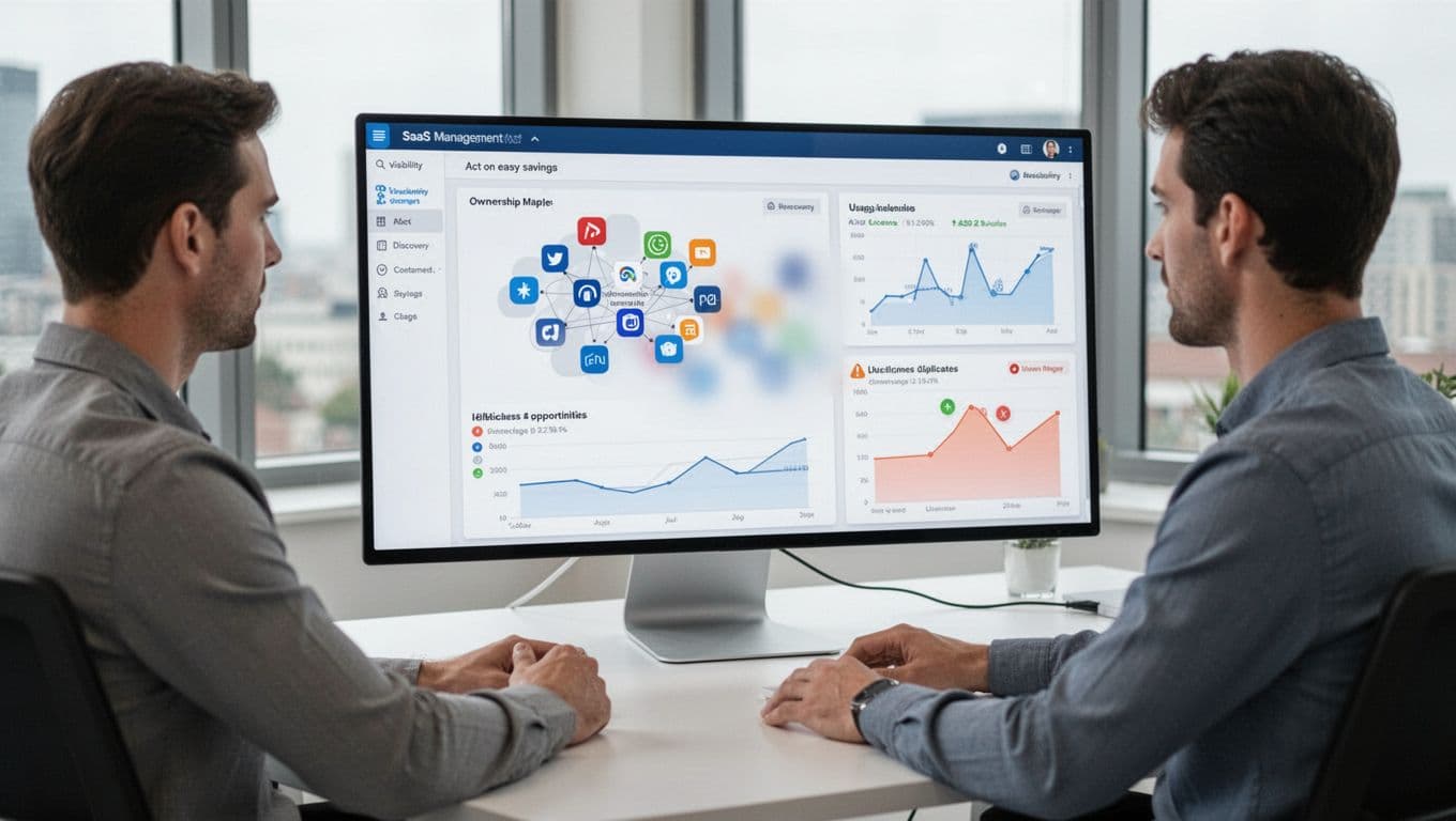 IT professional in a clean modern office examines SaaS management platform dashboard on a large monitor, featuring clustered app icons, blurred ownership mapping, usage analytics graphs, and alerts for idle licenses and duplicates.