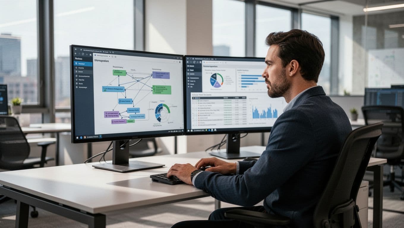 An IT security analyst at a desk in a modern office reviews an access permissions dashboard on dual monitors displaying user roles and audit logs, with hands resting on the keyboard under natural lighting.