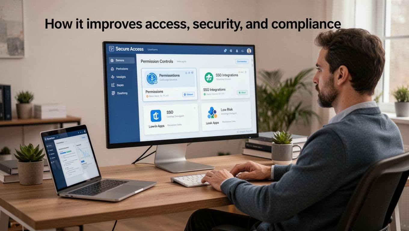 IT security analyst at desk reviews secure access dashboard on monitor showing permission controls, SSO integrations, and low-risk apps; one person, relaxed pose, professional home office setting with soft lighting; laptop nearby.