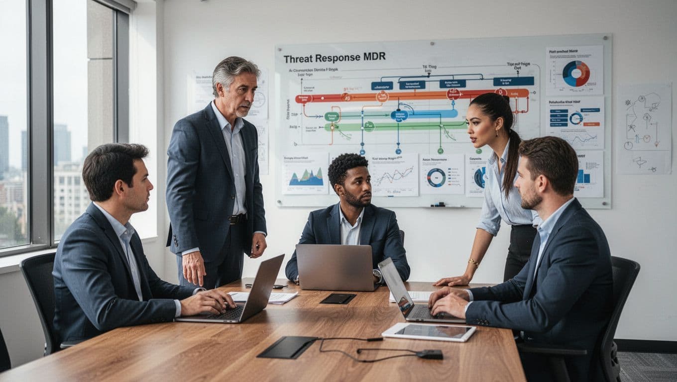 IT security team in modern office collaborates on threat response around table with laptops and wall charts of attack timeline, photorealistic with natural daylight from side angle, three people: two standing one seated.