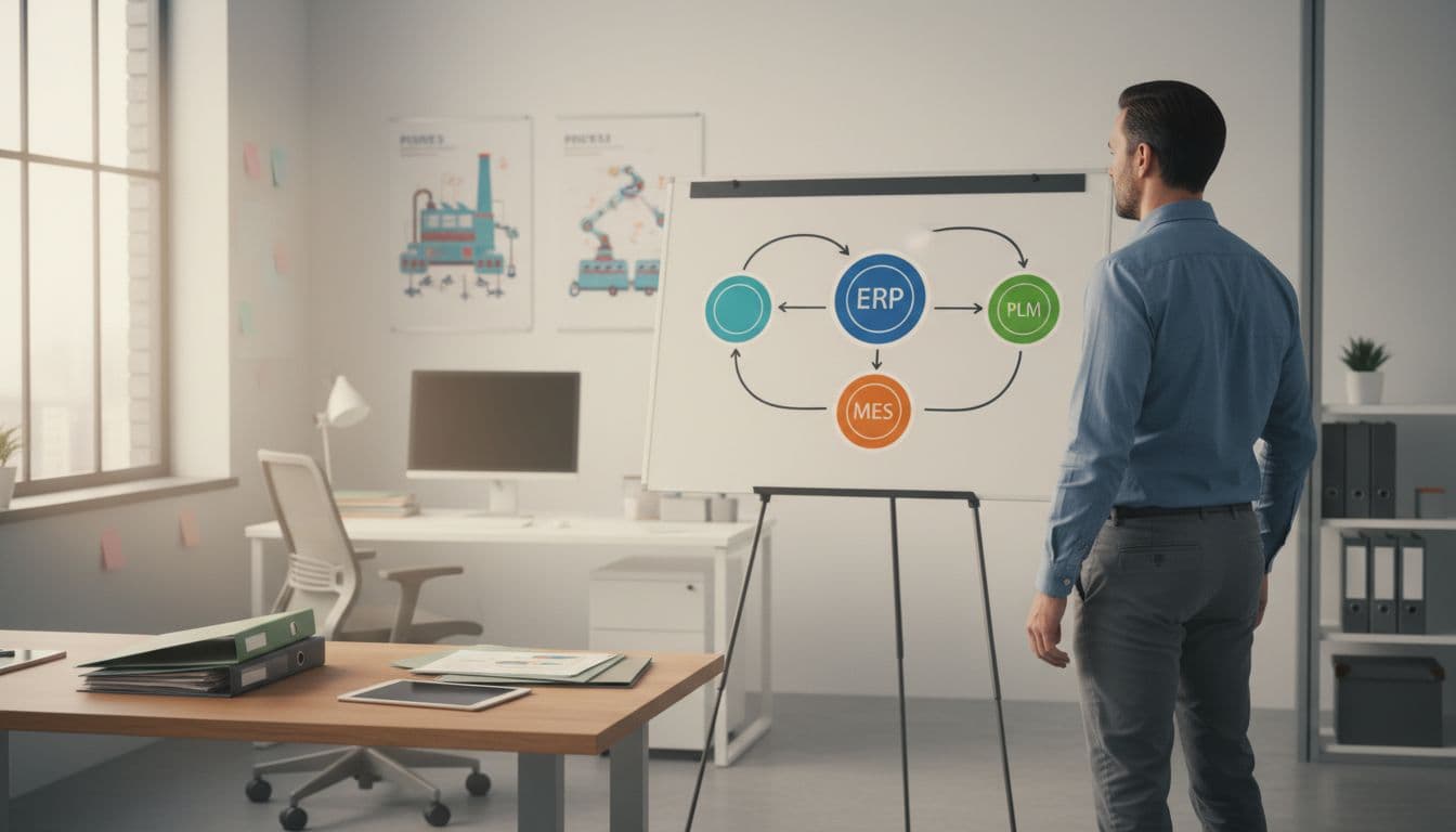 An IT specialist connects icons for ERP, MES, and PLM systems on a flowchart board in a modern office with stacked documents and factory posters.