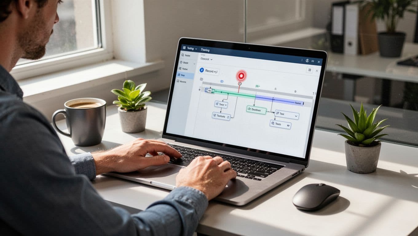 A single software tester at a modern desk in a bright office, using a laptop displaying the Katalon Studio interface with visible record button, playback steps, and drag-and-drop test elements, surrounded by a coffee mug and plant under natural daylight.