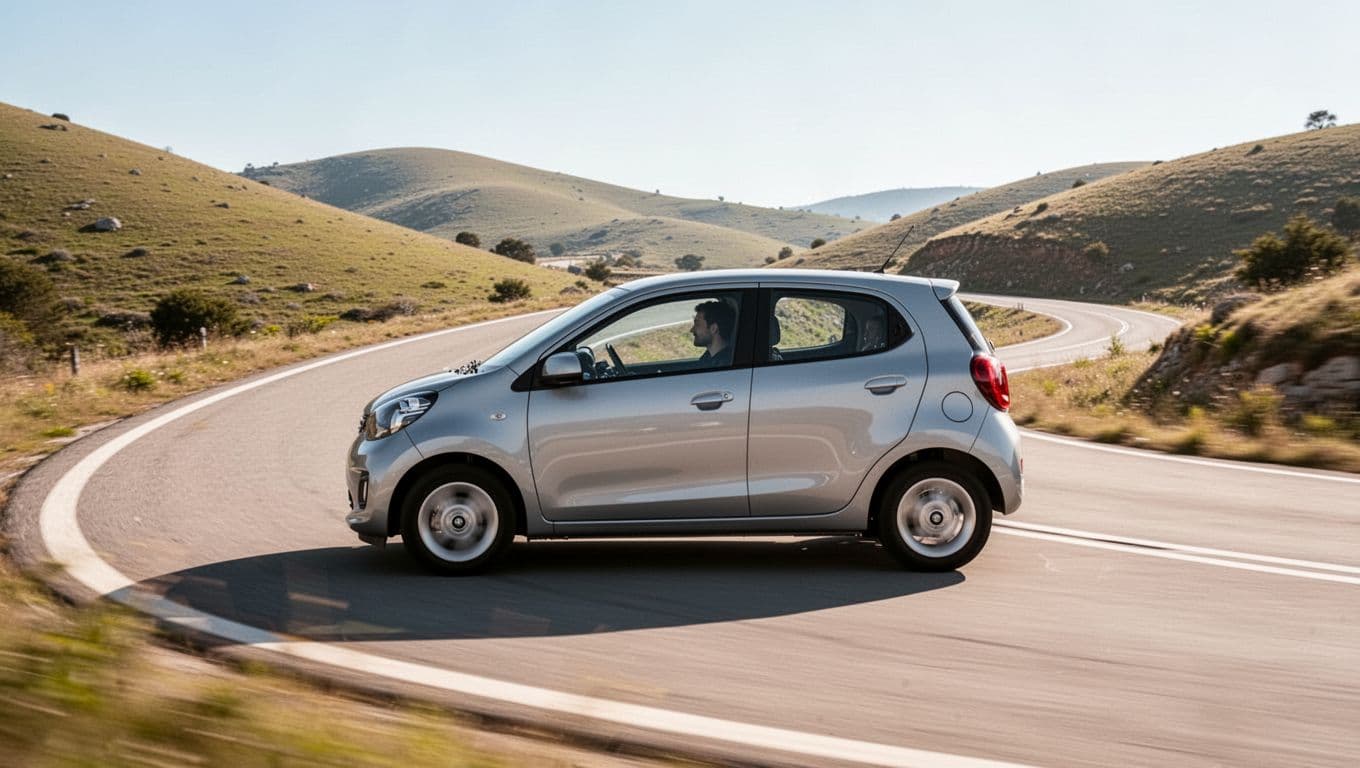 Kia K4 hatchback captured in side profile view driving dynamically on a winding road during sunny daytime, featuring motion blur on wheels for a realistic driving experience photo.