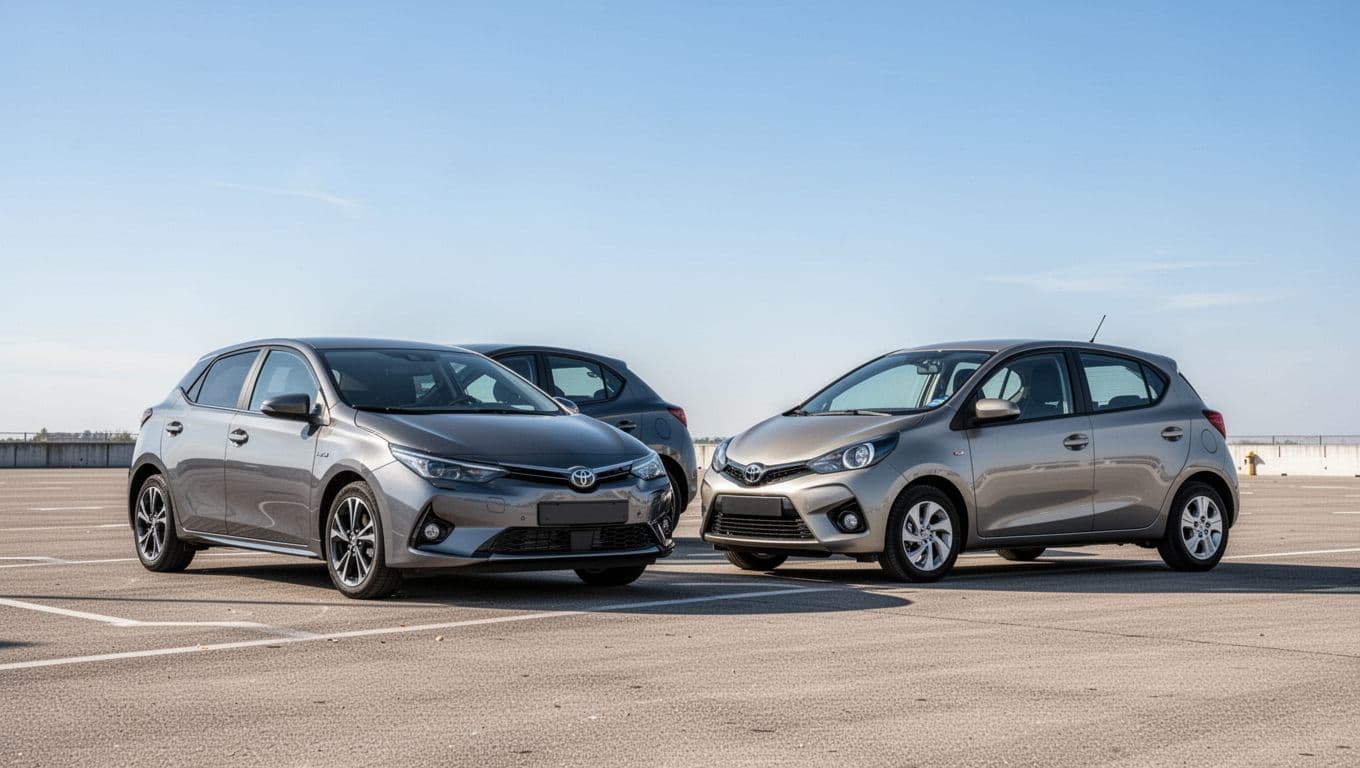 Kia K4 sedan and hatchback parked side by side outdoors under a clear blue sky, showcasing modern compact car body styles in a realistic photo with no people, text, or badges.