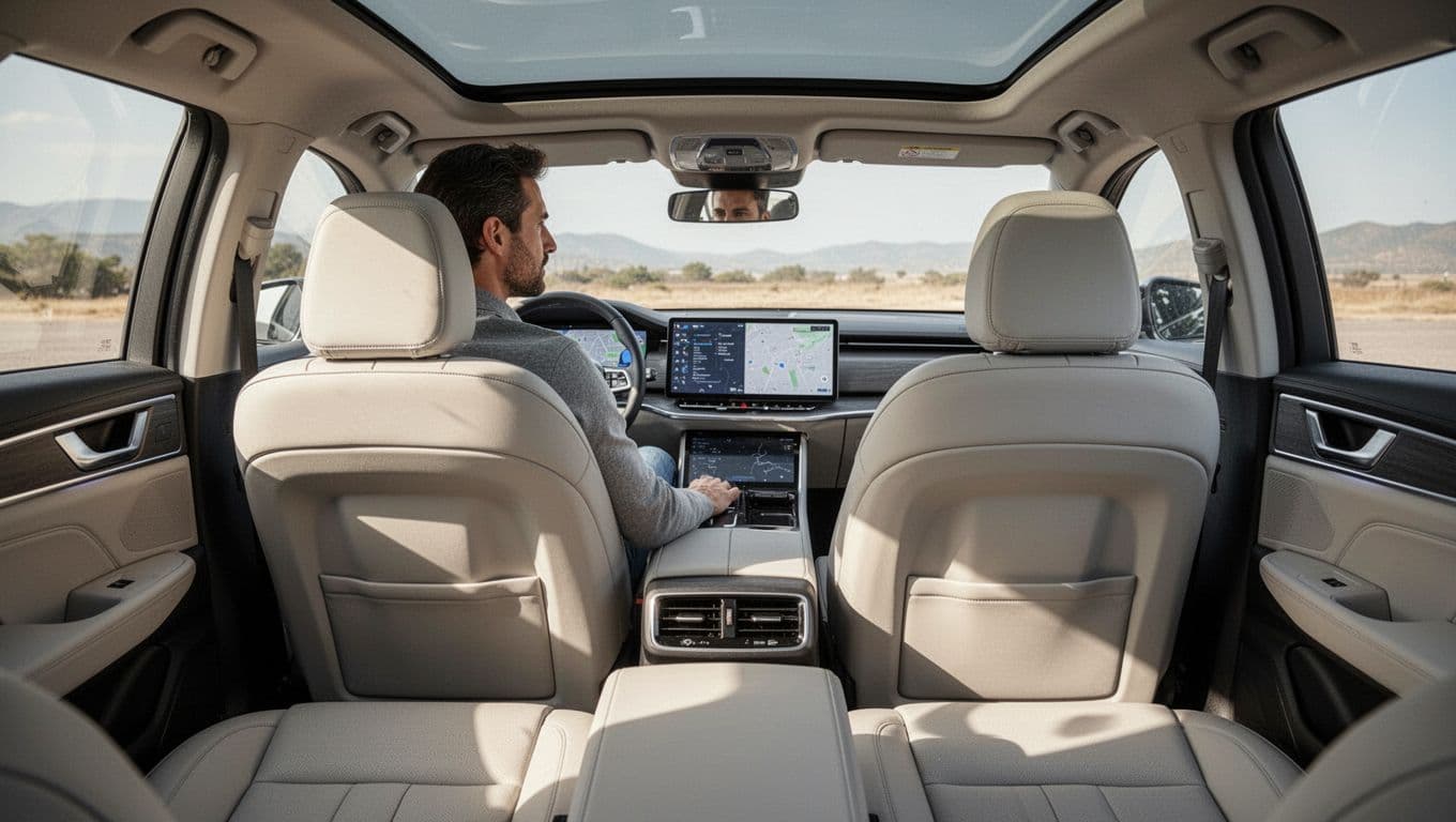 Realistic photo of Kia K4 sedan interior with modern dashboard featuring dual 12.3-inch screens and roomy rear seats comfortably seating one adult in natural daylight.