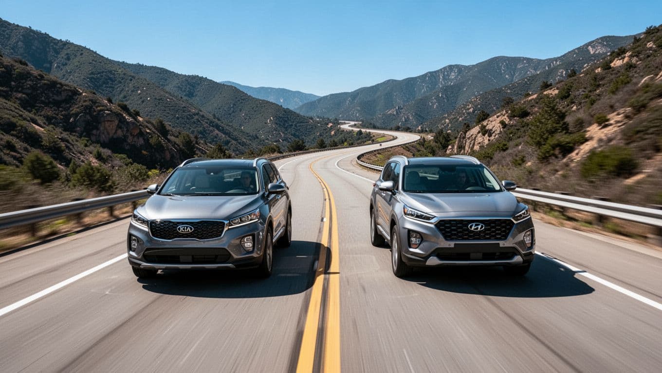 Side-by-side aerial view of Kia Sorento and Hyundai Santa Fe SUVs driving dynamically on a winding mountain highway under clear blue skies, realistic photography highlighting performance.