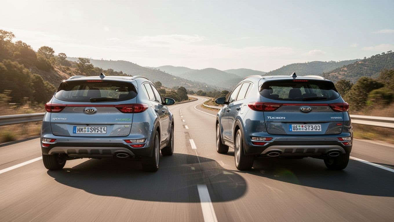 Rear view of a Kia Sportage Hybrid and Hyundai Tucson Hybrid compact SUVs driving in motion on a scenic highway, sunny weather with soft lighting, realistic photo emphasizing fuel efficiency badges without text, exactly two vehicles visible, no people or logos.