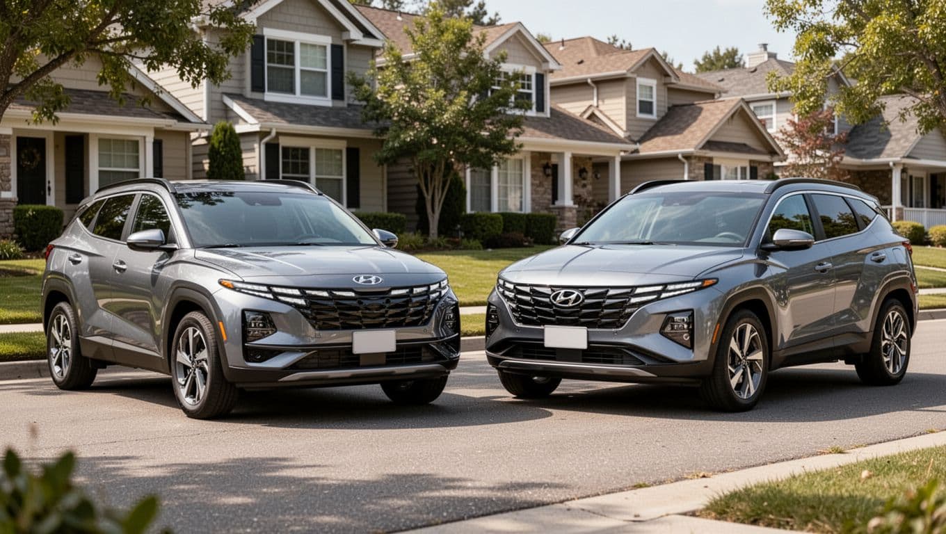 Front three-quarter view of 2026 Kia Sportage and Hyundai Tucson compact SUVs side by side on a suburban street, highlighting exterior design differences in clean modern styling under natural daylight.