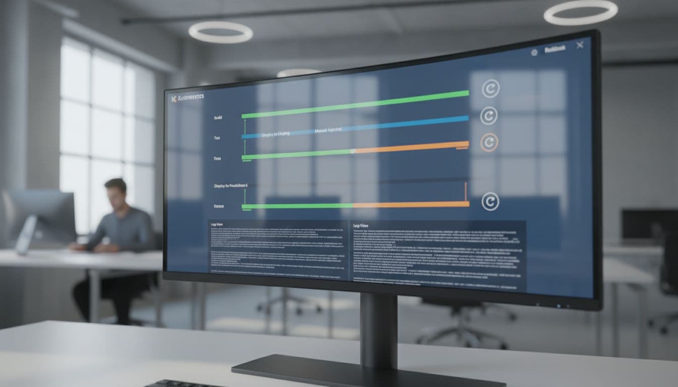 Kubernetes CI/CD dashboard on a large curved monitor in a bright open office workspace, displaying pipeline stages, rollback buttons, and log views with modern realistic style and soft natural lighting.