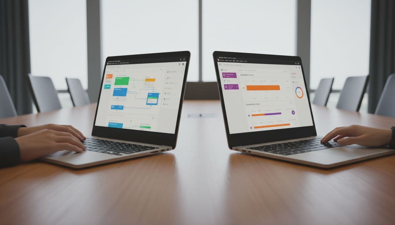 Two side-by-side laptop screens in a conference room showing Kubernetes deployment comparisons, one with GitOps sync status and the other with pipeline runs, relaxed hands on keyboards, natural office lighting, realistic photo.