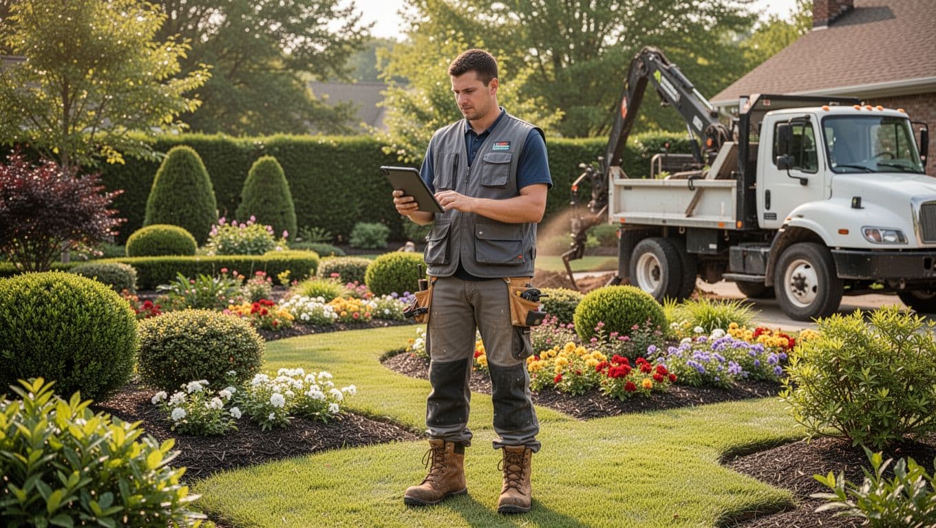 Landscaper in work boots and vest holds a tablet relaxedly outdoors in a well-maintained garden with flower beds, shrubs, and nearby landscaping truck under sunny afternoon light. Realistic photo of field crew using mobile tools on site.