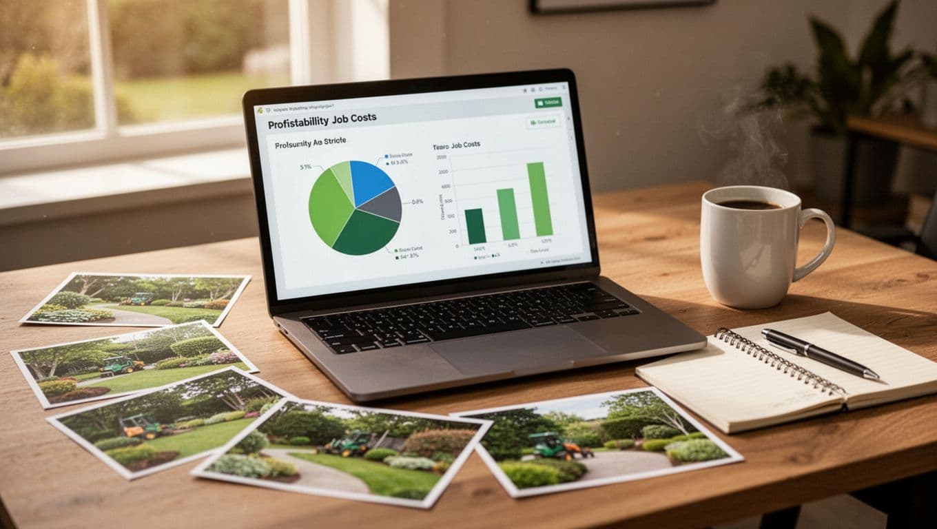 Realistic office desk with open laptop showing blurred pie charts and bar graphs for job costs, scattered landscaping photos, notepad, and coffee mug in warm natural light, no people.