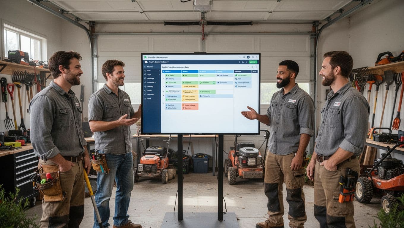 Four landscaping team members collaborate around a central digital board showing job schedules in an office garage setting, with tools and equipment in the background under natural lighting.