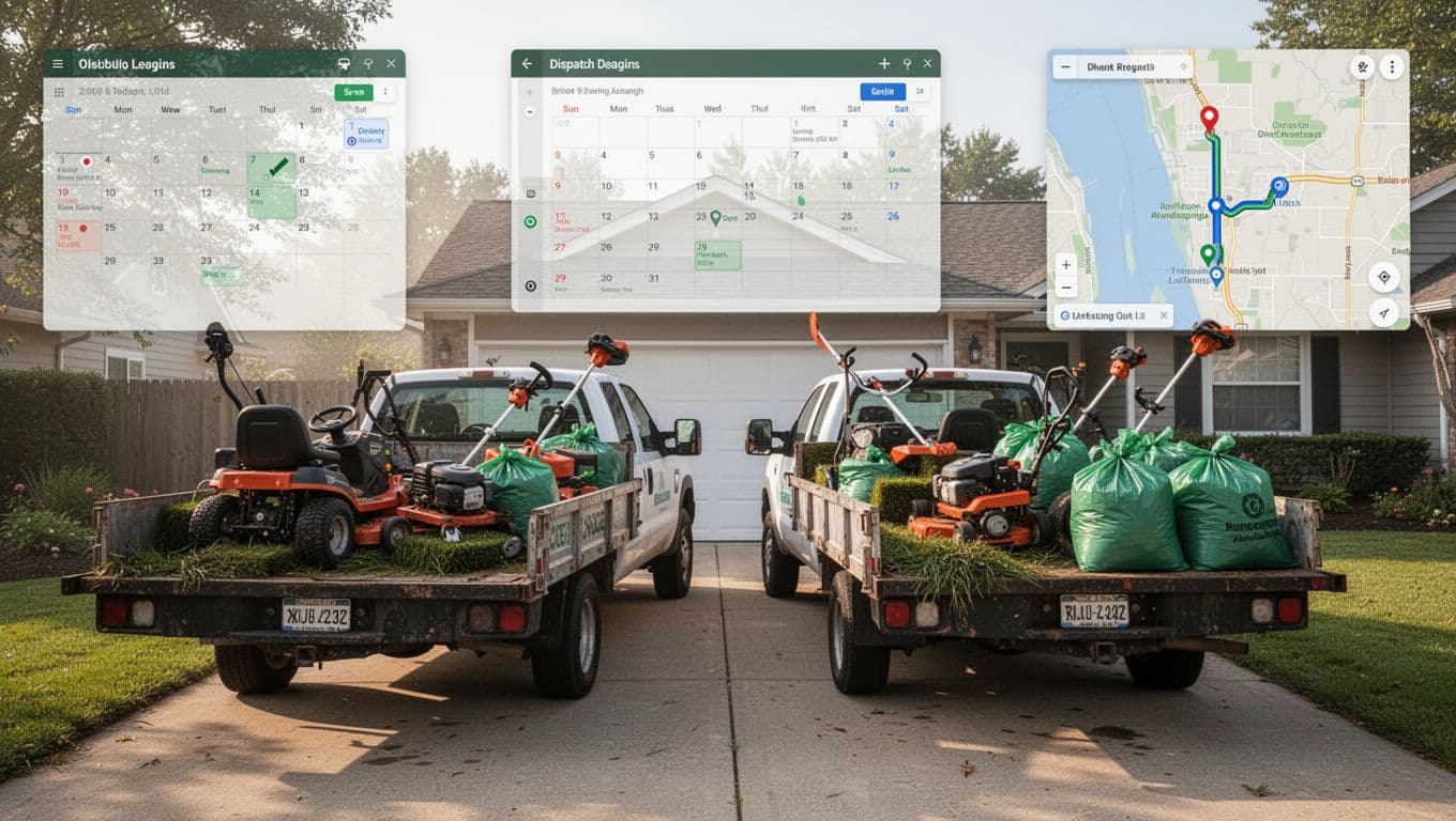 Two landscaping service trucks loaded with lawn mowers, trimmers, and green debris bags parked in a suburban driveway early morning, featuring a subtle overlay of a digital calendar and GPS route map in realistic photography style with bright natural daylight.