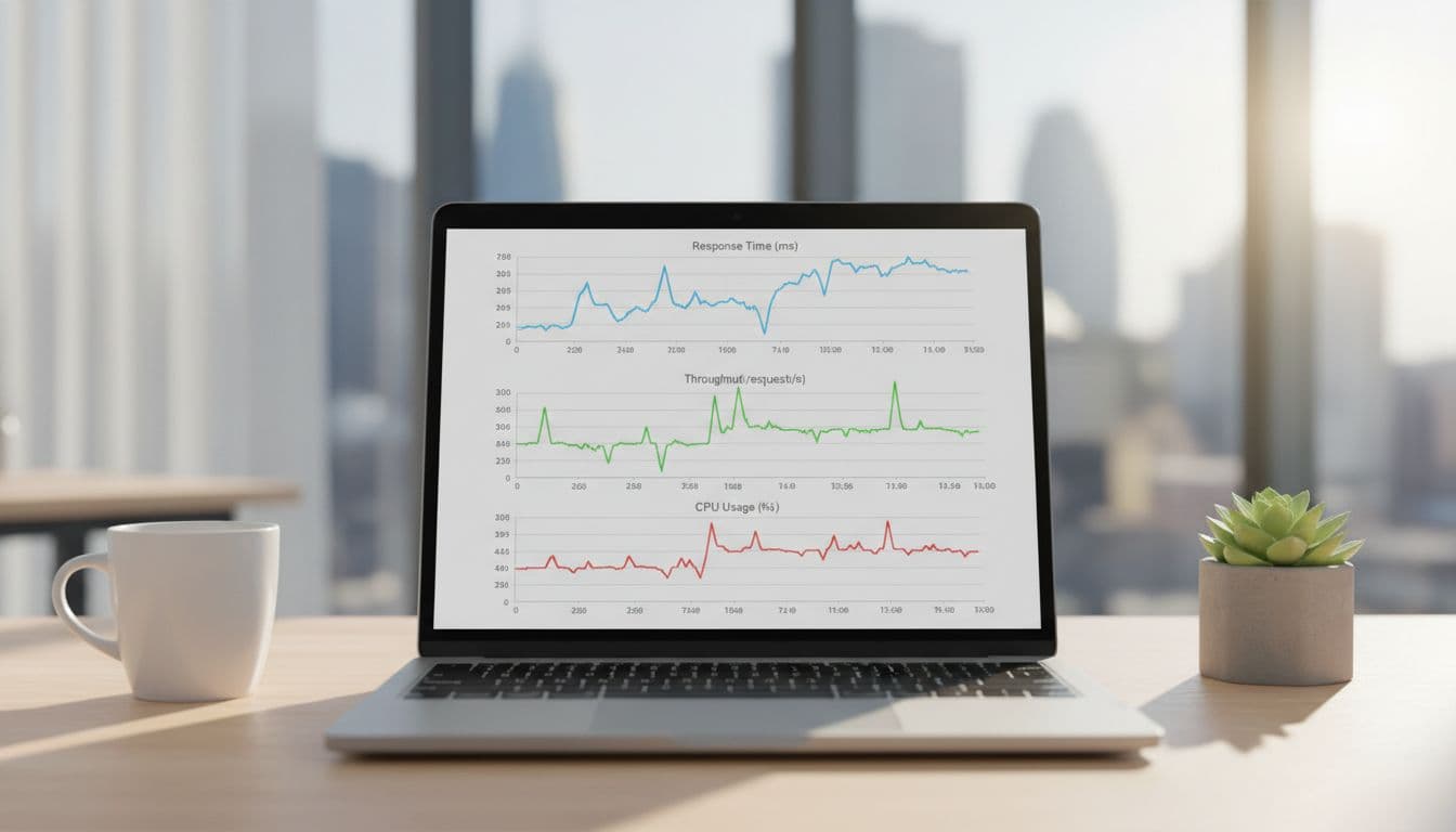 Dashboard screen on a laptop displaying line graphs for response time, throughput, and CPU usage during a load test, shown on a clean desk in a modern office with natural daylight.