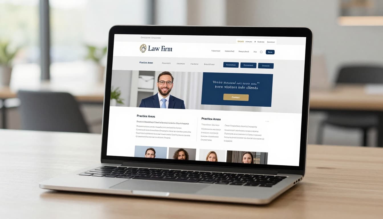Realistic view of a professional law firm homepage on a laptop screen in a modern office with natural daylight lighting. The clean design showcases testimonials, attorney photo, contact button, and practice areas list to build trust and convert visitors into clients.