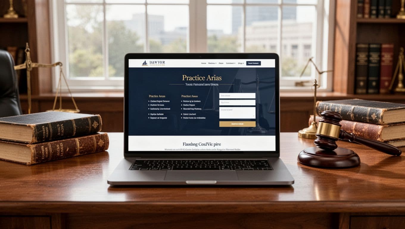Clean modern laptop centered on a wooden law office desk shows a professional law firm homepage with practice areas and contact form, accompanied by legal books and gavel, illuminated by natural daylight from a large window.