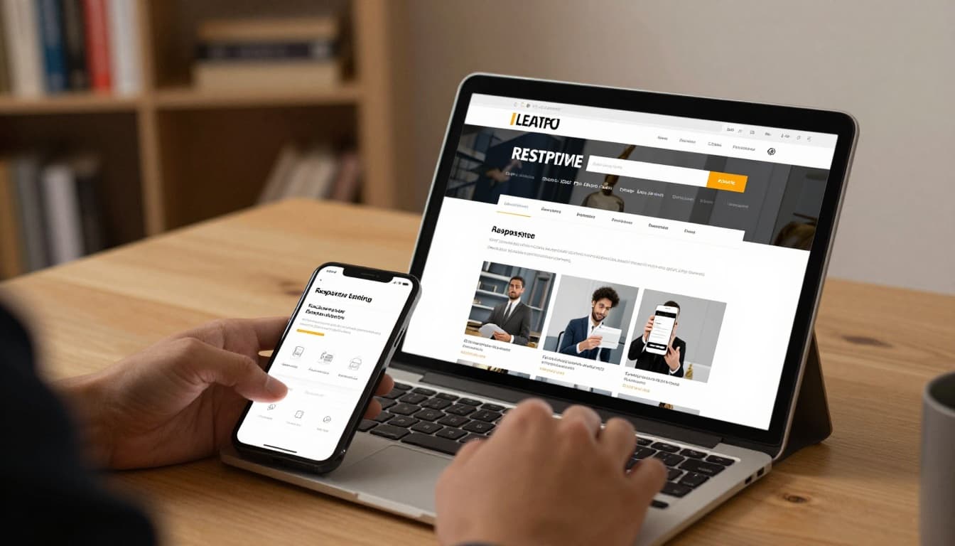 Lawyer at desk in office with bookshelves editing website on tablet, mobile phone nearby showing responsive site preview, simple interface, warm lighting, realistic photo style, one person with relaxed hands visible.