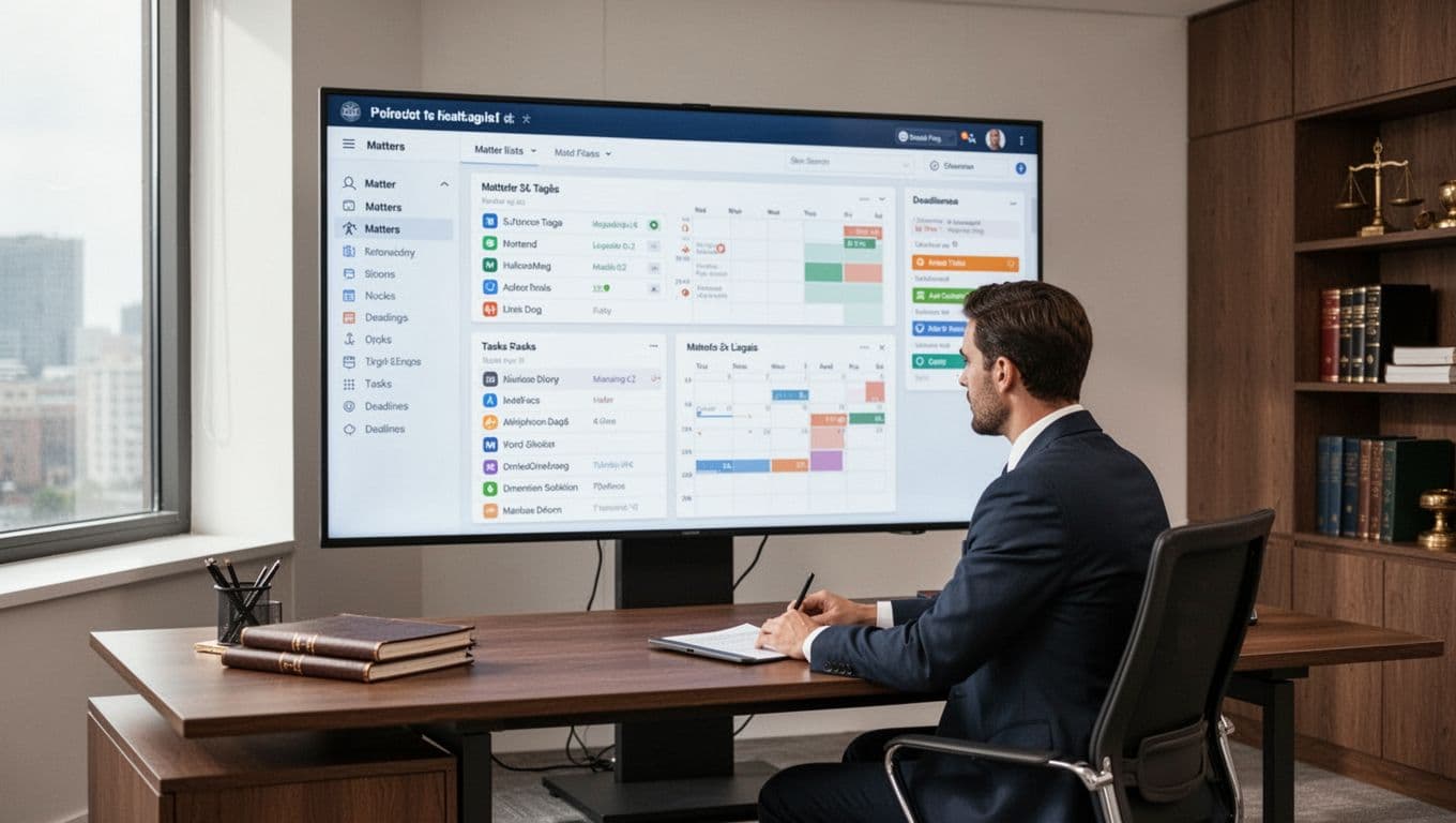 In a clean modern law office, exactly one lawyer seated at a desk attentively reviews a large monitor displaying a unified legal project dashboard with matter lists, task assignments, calendars, and deadlines. Soft natural window light illuminates the realistic photography style scene with no text, logos, watermarks, extra people, or devices.