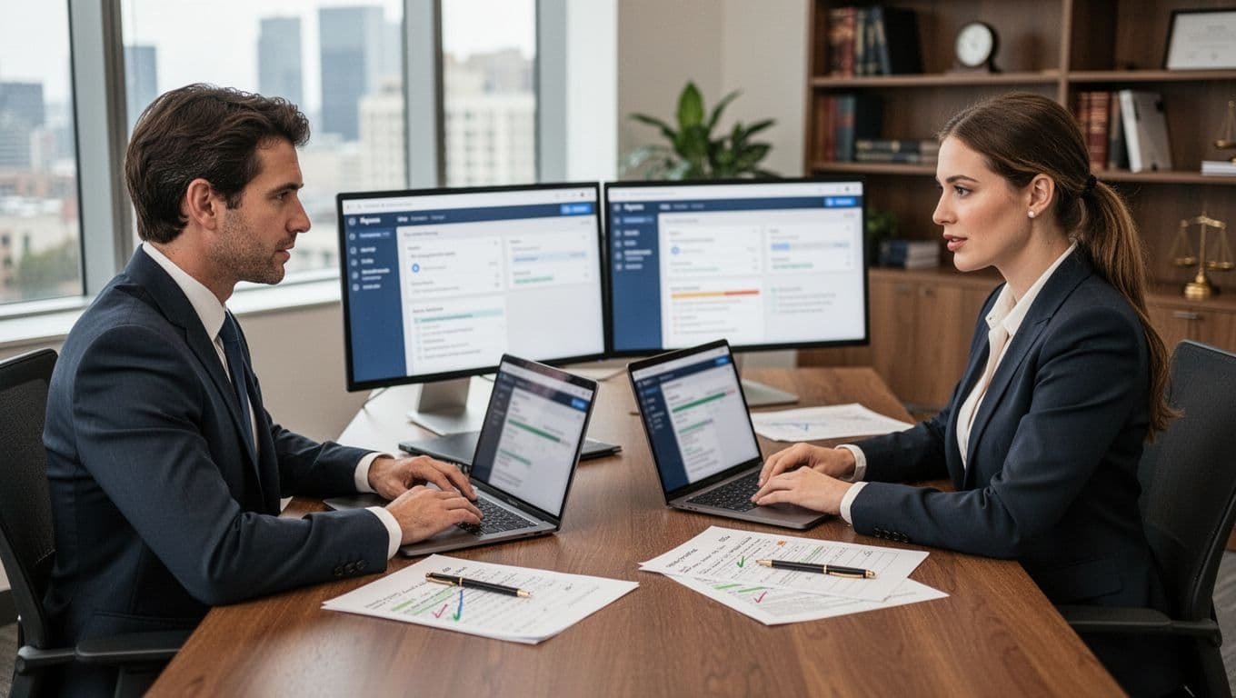 Modern law firm office featuring two lawyers at a shared desk, comparing blurred software dashboards on dual laptop screens with notes and checklists nearby, engaged in focused discussion under natural daylight.