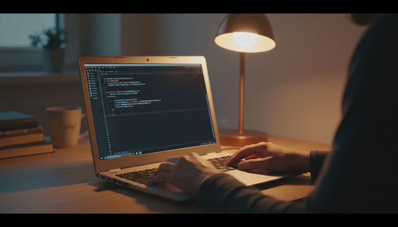 A person uses a lightweight code editor on an older laptop in a cozy home setup, with simple syntax-highlighted code on screen and warm lamp lighting implying low-resource, fanless operation.