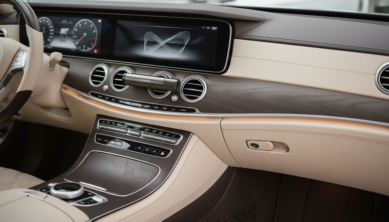 Sleek luxury car dashboard interior featuring a subtle metal air freshener clipped to the vent, with soft ambient lighting and high-end leather seats visible in a clean, realistic composition focused on the center console.