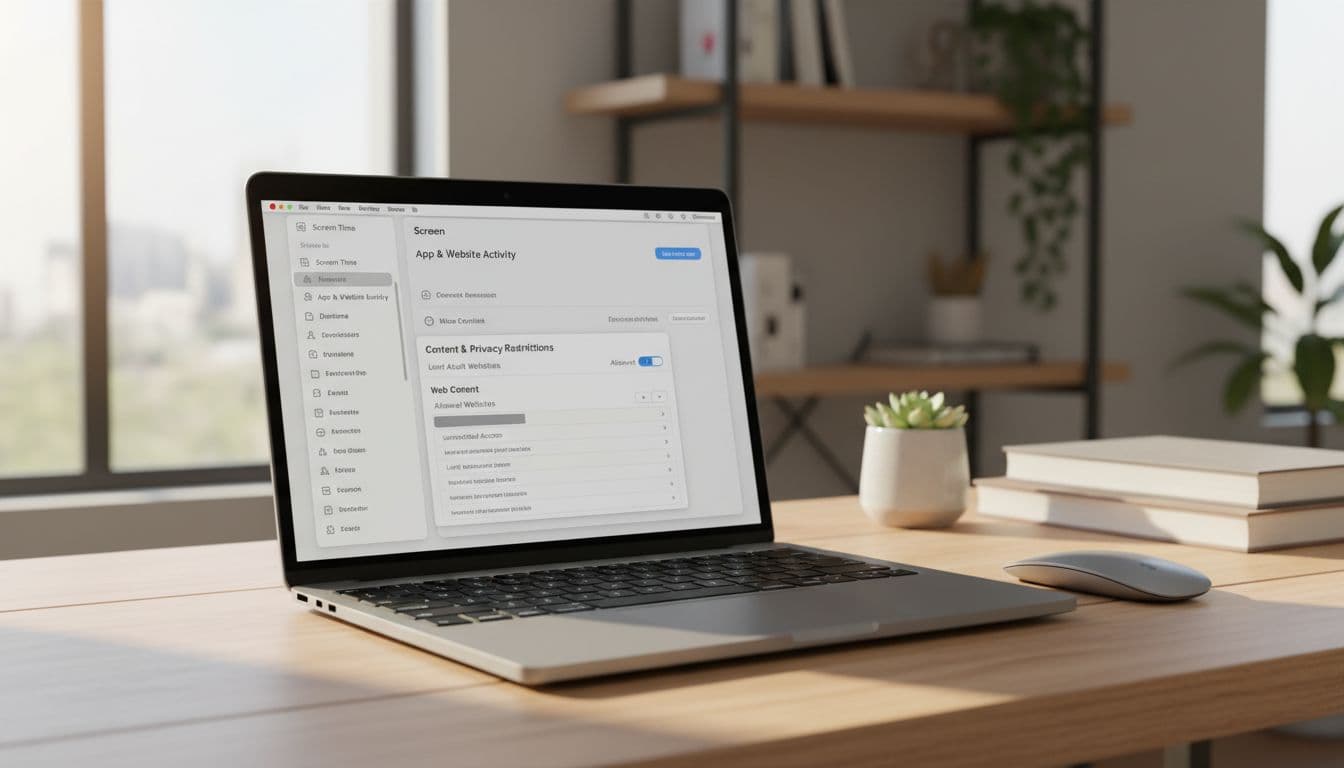 A MacBook Pro laptop open on a wooden desk in a bright home office, displaying the System Settings interface focused on Screen Time Web Content options menu, with keyboard and mouse nearby, realistic photo under natural daylight.