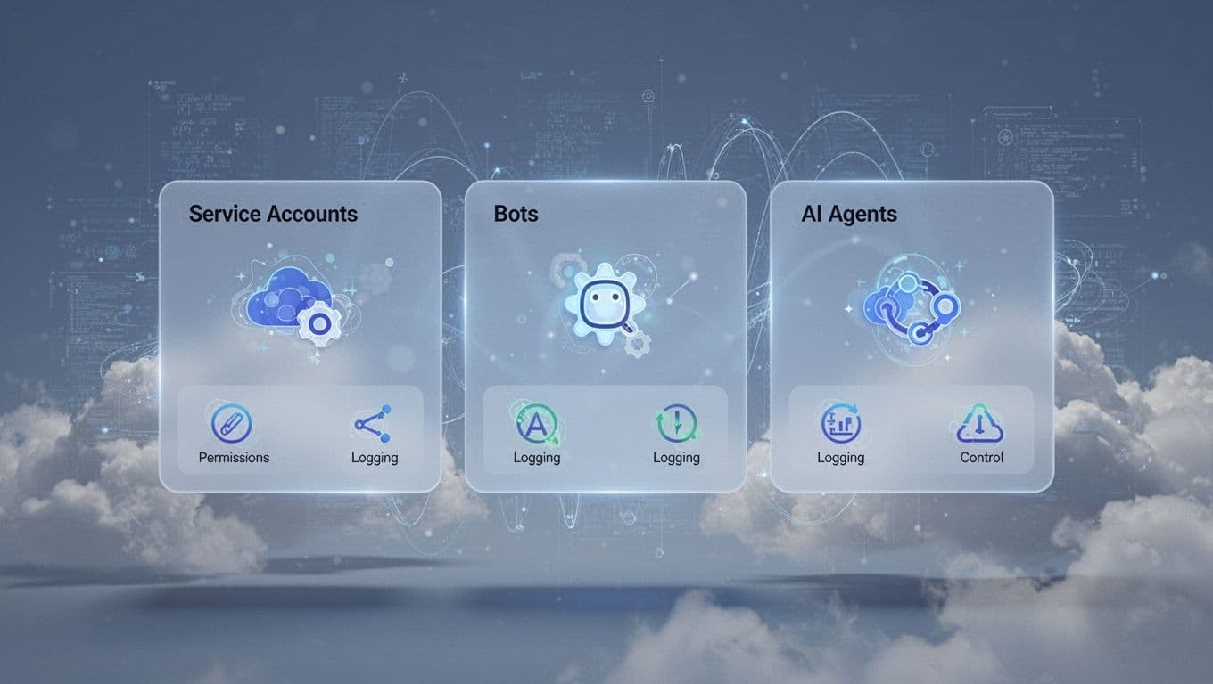 Dashboard view of machine identities including service accounts, bots, and AI agents with icons for permissions, logging, and controls in a cloud environment.