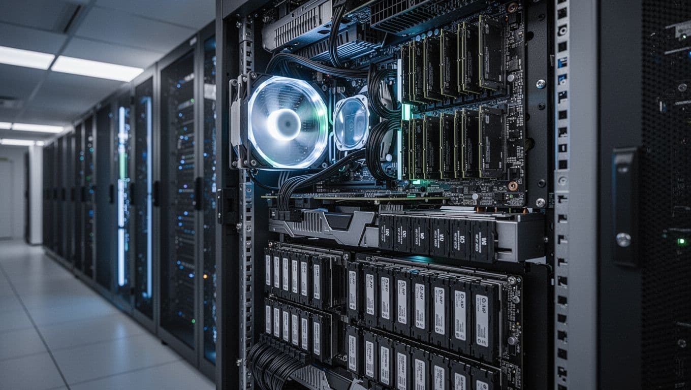 Professional data center server rack with illuminated powerful CPUs, ample RAM sticks, and rows of fast NVMe SSD drives under blue ambient lighting.