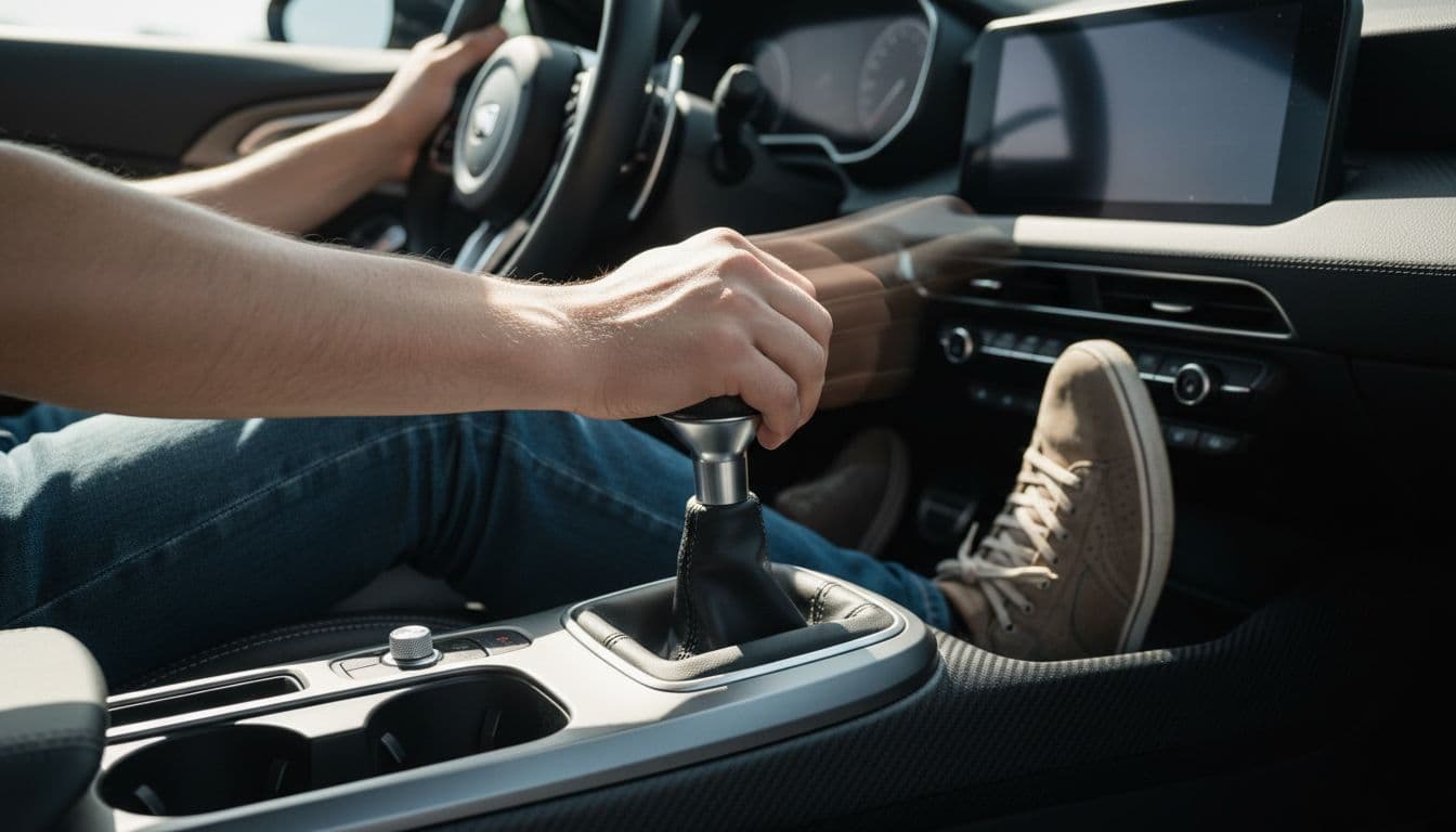 Close-up of driver's hands on a manual gear shifter and feet pressing the clutch pedal in a modern sports car cabin during a dynamic gear shift, with motion blur and natural daylight.