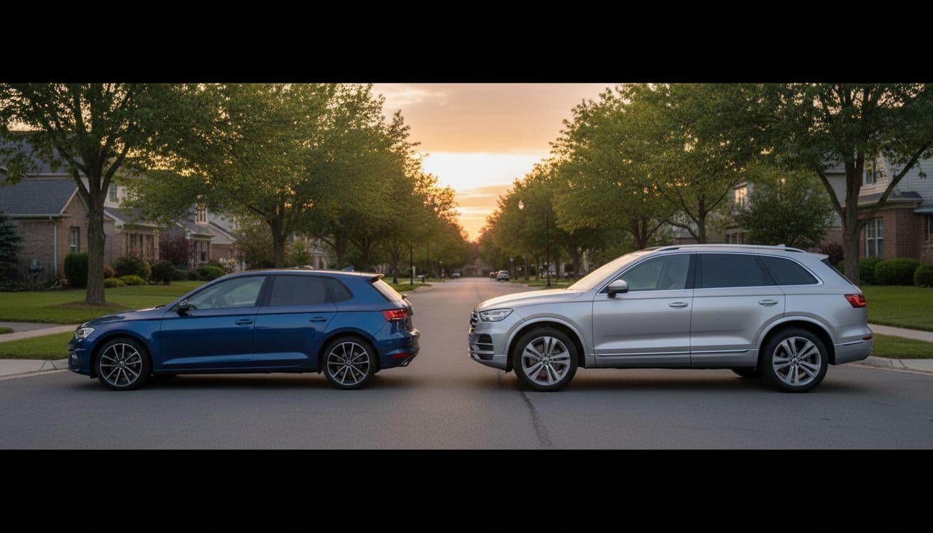 Side-by-side parked cars on a suburban street at sunset: a clean modern manual hatchback and an automatic SUV, realistic rendering with warm golden hour lighting, two cars only, no people, no text, no branding.