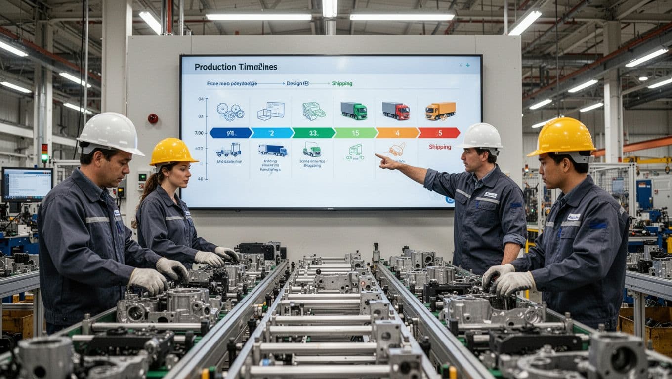 Assembly line workers in a bright industrial manufacturing plant assemble parts while a supervisor in a hard hat points relaxedly at a large wall screen showing the production timeline from design to shipping stages.