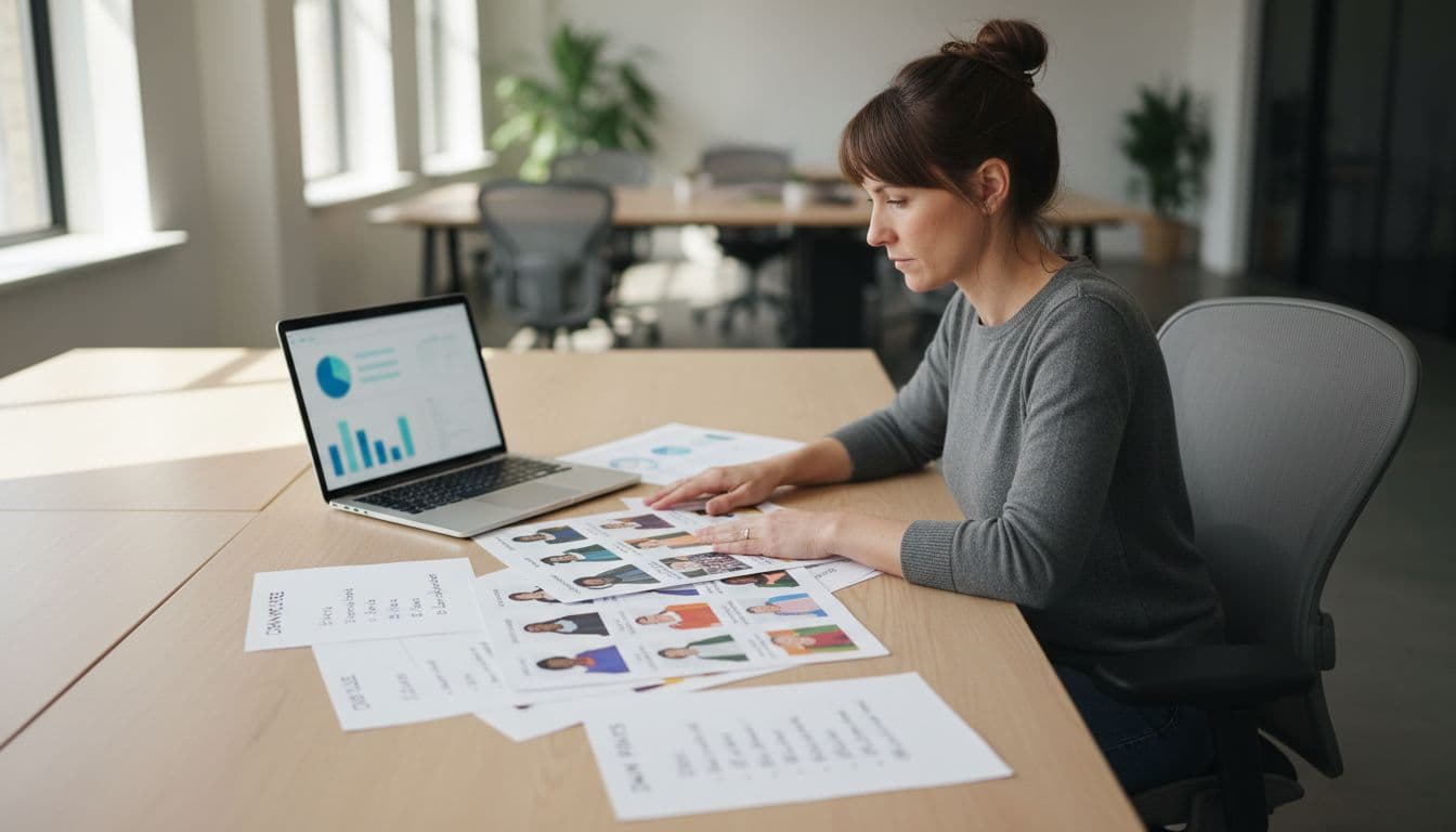 A single marketer seated at a desk in a modern open office examines printed customer personas and notes detailing company sizes, job roles like CTO and marketing manager, and pain points, with a nearby laptop displaying blurred charts.