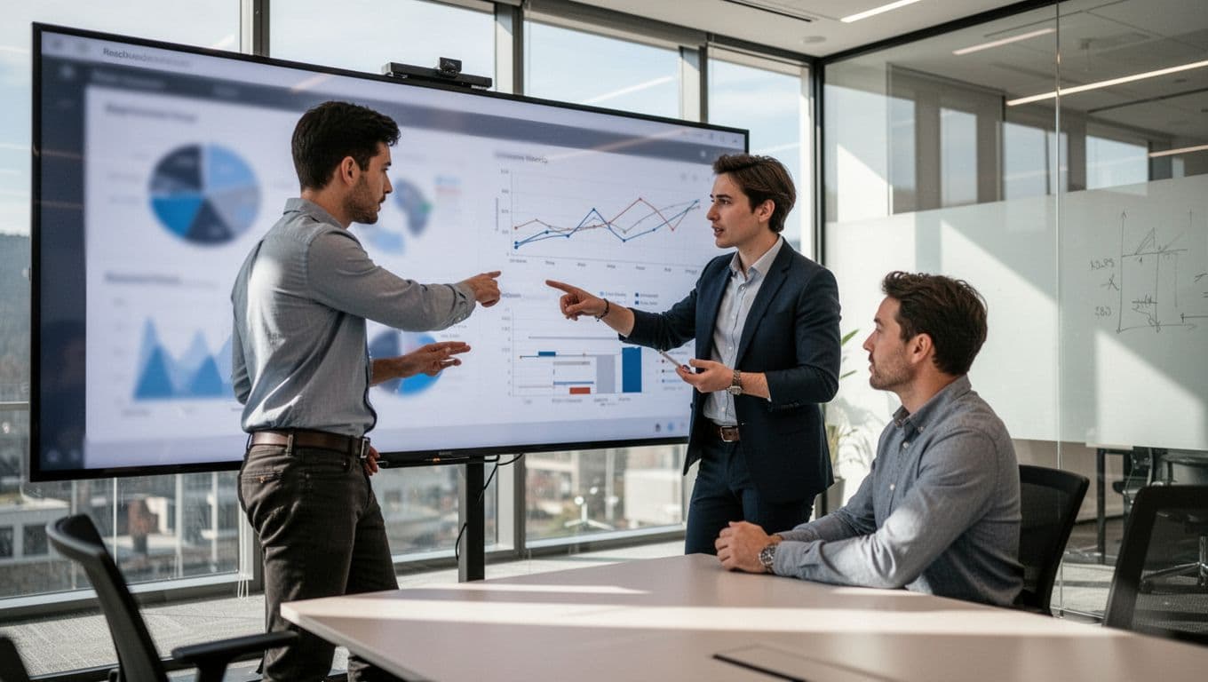 Four marketing professionals—two standing, two seated—in a modern conference room collaborate around a large digital screen displaying a blurred project dashboard with timelines, tasks, and charts, pointing and discussing with focused expressions under bright natural lighting.