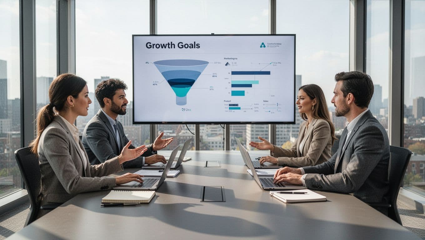 Three team members from marketing, sales, and product seated around a table in a conference room with natural light, collaboratively discussing and aligning on growth goals via a shared screen showing funnel metrics and pipeline handoffs. Realistic photo style featuring laptops and notebooks, no text or logos.