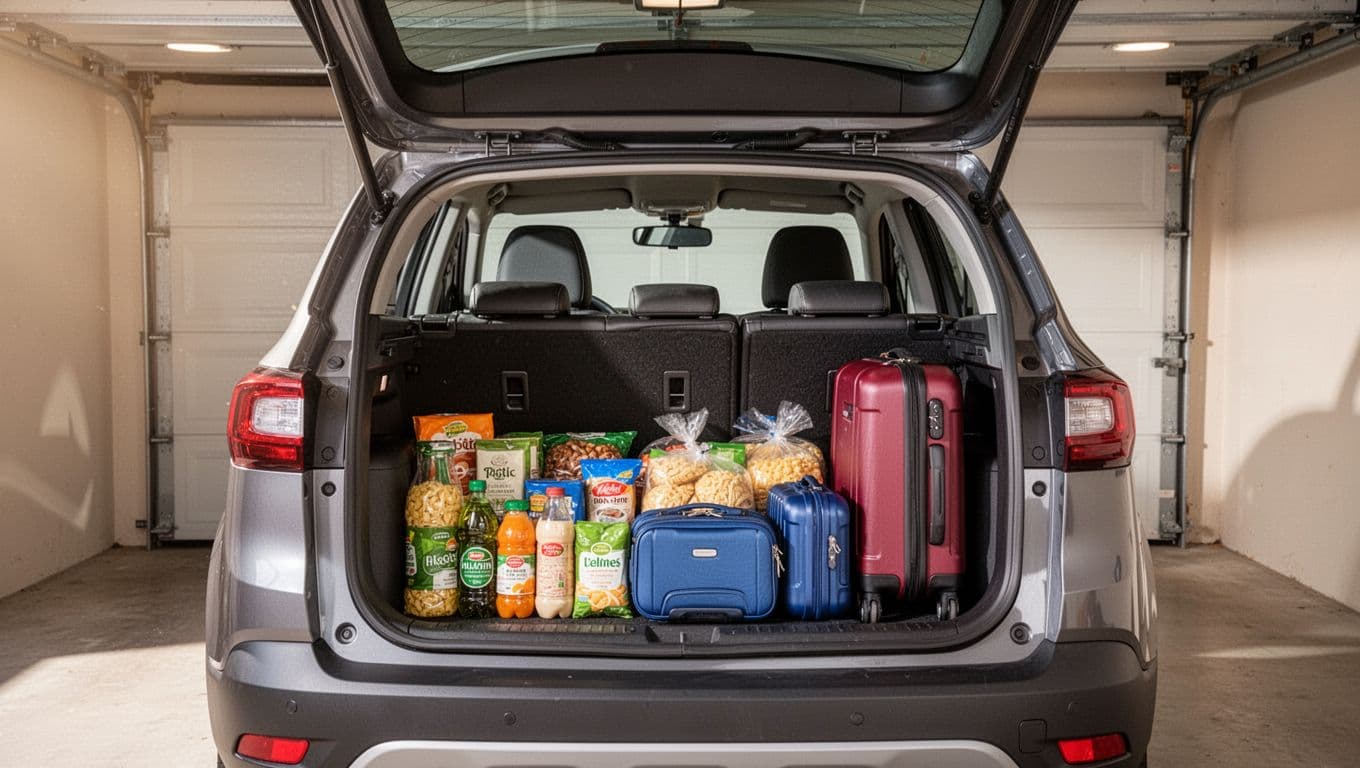 Rear cargo area of the Mazda CX-50 Hybrid with seats folded down, loaded with groceries and luggage to demonstrate practical storage space. Open tailgate in a well-lit garage, realistic photo with organized items fitting neatly.