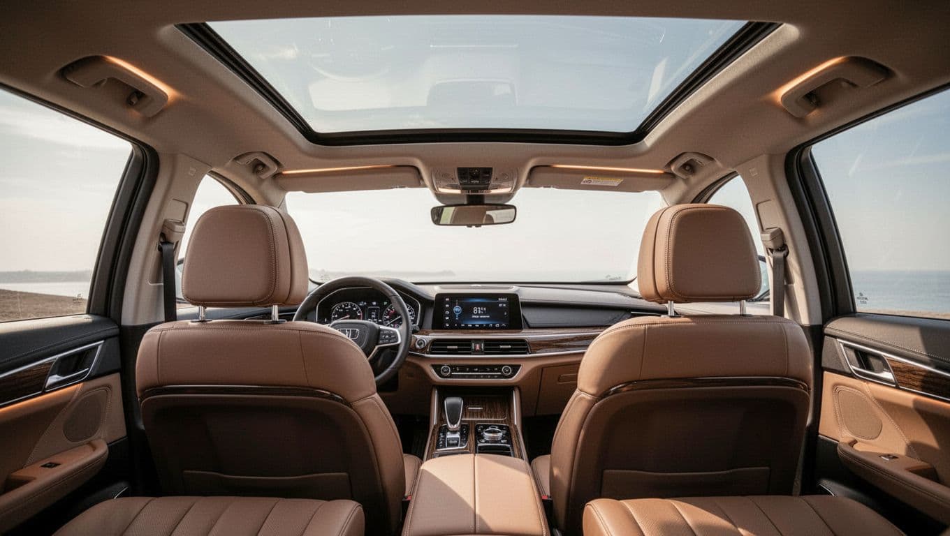 Interior view of the Mazda CX-50 Hybrid cabin from the driver's seat, showcasing premium leather seats, wood trim accents, a large panoramic moonroof, simple dashboard controls, and warm ambient lighting for an upscale, comfortable feel.