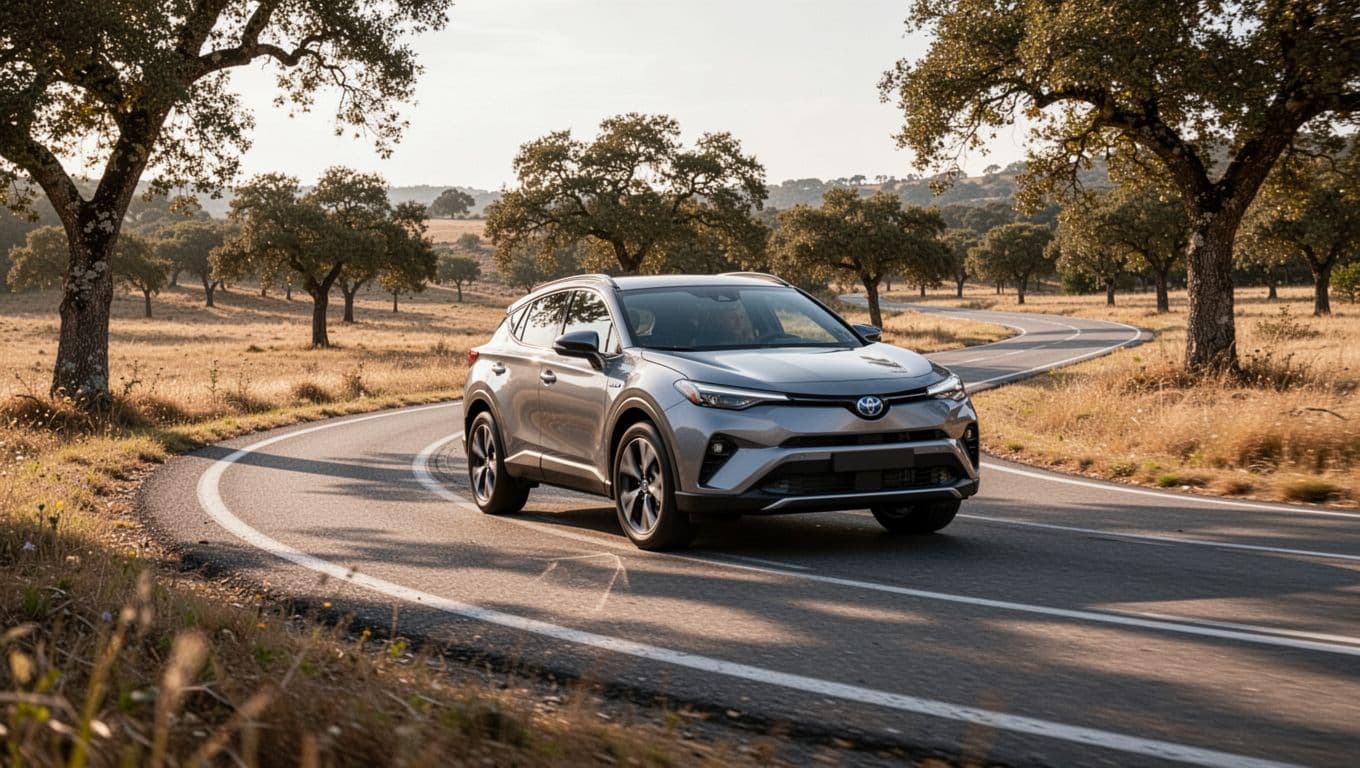 Mazda CX-50 Hybrid SUV takes a smooth curve on a winding country road from a low perspective, emphasizing stable handling and precise steering in a natural outdoor setting with trees under soft afternoon light.