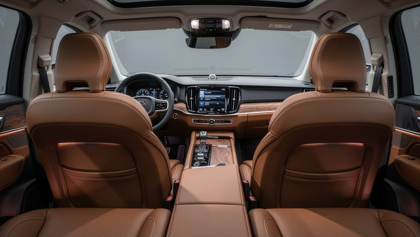 Spacious premium interior of Mazda CX-70 SUV from driver's perspective, featuring Nappa leather front seats, wooden trim on dashboard, large centered infotainment screen, and ambient lighting.