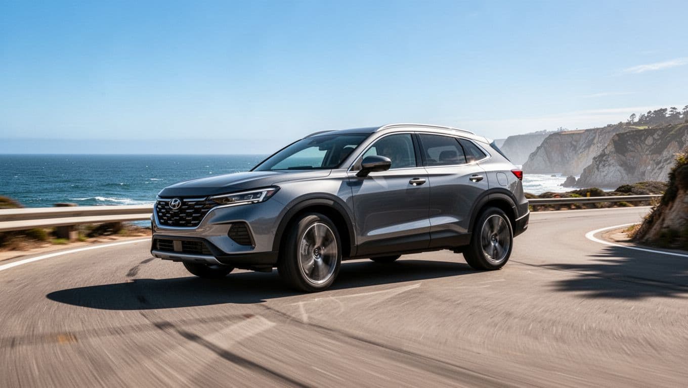Mazda CX-90 SUV driving dynamically on a winding coastal road in daylight, low-angle side view capturing speed and handling with motion blur on wheels.