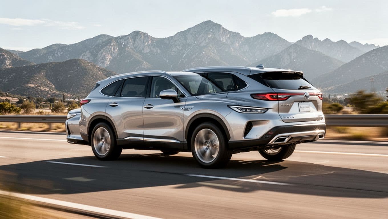 A sleek silver Mazda CX-50 Hybrid SUV driving smoothly on a sunny highway with mountains in the background, dynamic side angle showing motion in realistic photography style.