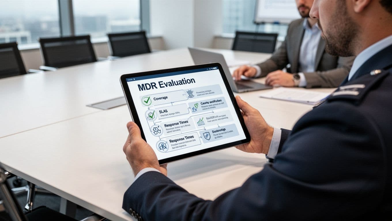 A security professional in business casual reviews a checklist or workflow diagram on a digital tablet showing MDR evaluation criteria like coverage, SLAs, and response times at a modern conference table.